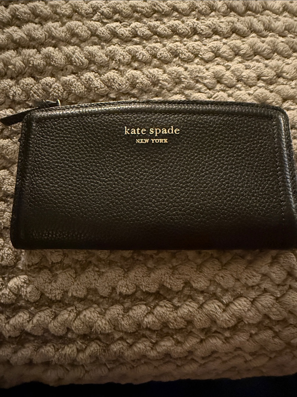 kate spade Black Pebbled Leather Wallet with Gold Logo